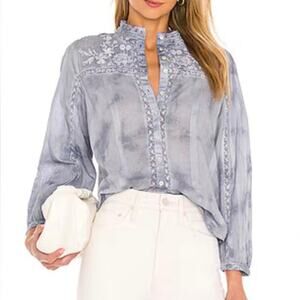 LoveShackFancy Ronda Top in Washed Denim Size Large Embroidered Peasant Tie-Dye